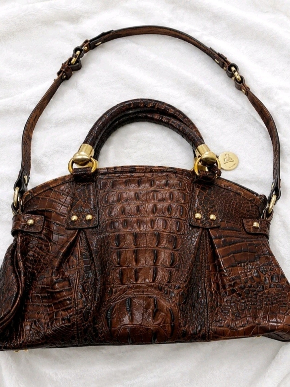 Brahmin Brown Croc-Embossed Shoulder Satchel with Gold Hardware